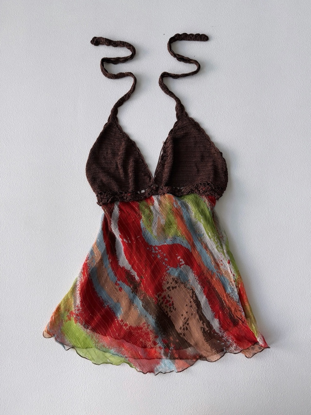 Vintage Babydoll Top: Y2K Brown Crochet Halter